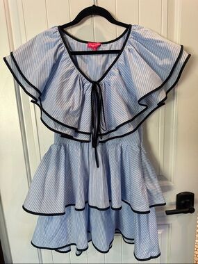 Light Blue Striped Mini Dress with Black Trim